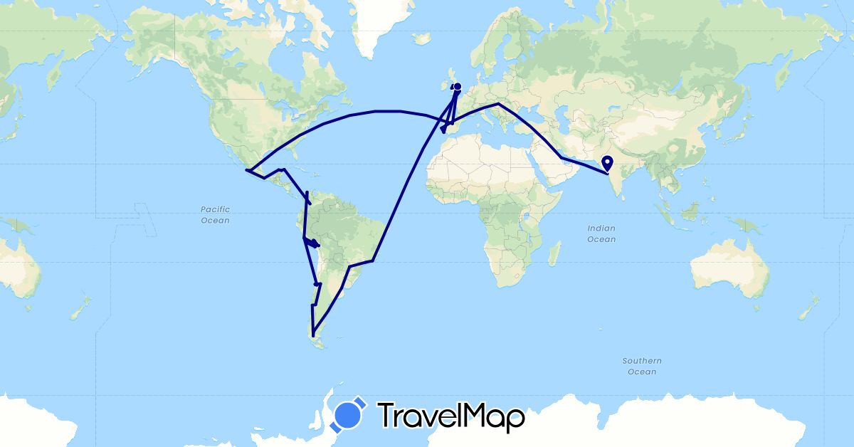 TravelMap itinerary: driving in Argentina, Brazil, Chile, Colombia, Spain, United Kingdom, Hungary, India, Mexico, Peru, Portugal, Saudi Arabia (Asia, Europe, North America, South America)